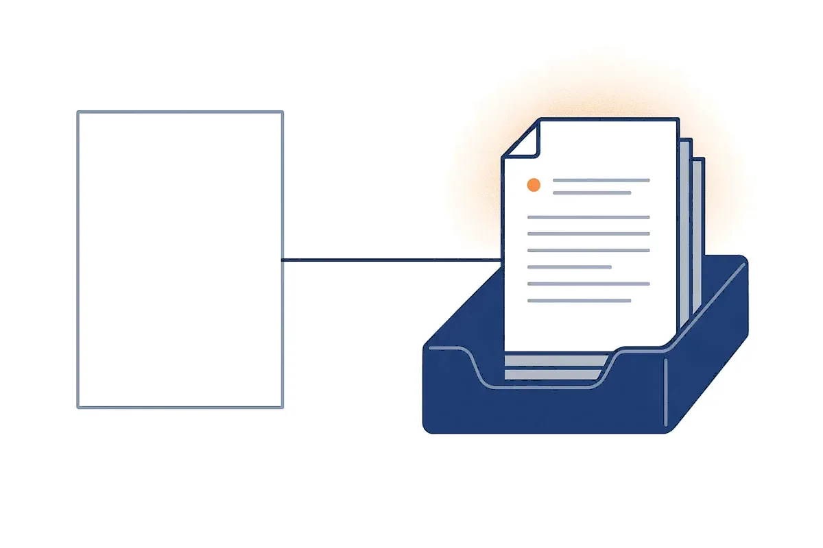 An empty page on one side, a neat stack of finished pages arriving in an inbox tray on the other